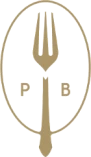 The image shows a gold-colored fork inside an oval with the letters "P" and "B" on either side.