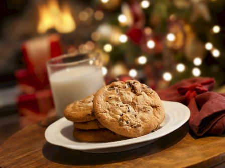 A plate of cookies and a glass of milk sit on a table with a festive background of lights and a cozy fireplace.