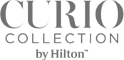 The image shows the logo of "Curio Collection by Hilton" in gray text on a transparent background.