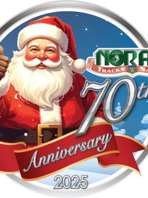 Santa Claus graphic celebrating NORAD Tracks Santa 70th Anniversary 2025, with a thumbs-up and festive banner.