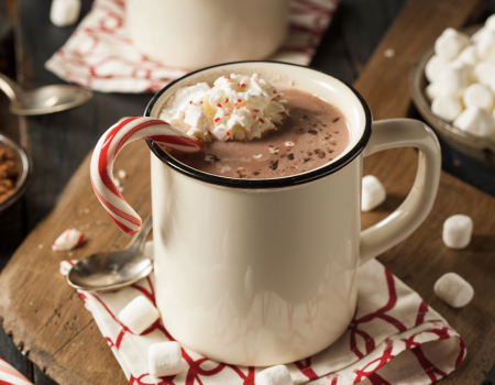 A cozy mug of hot chocolate topped with whipped cream, mini marshmallows, and a candy cane, surrounded by cocoa, peppermint sticks, and marshmallows.