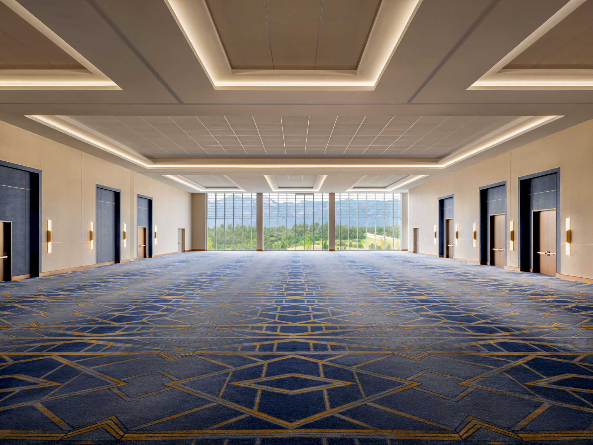 The image shows a spacious, empty conference hall with a geometric carpet pattern and large windows offering a view outside.