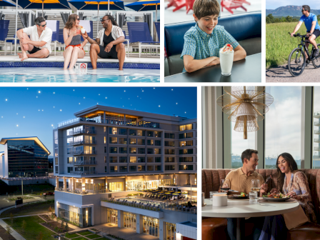 A collage of moments at a hotel: poolside chatter under umbrellas, kids sipping treats, a cyclist outdoors, a modern hotel exterior at dusk, and a couple dining indoors.