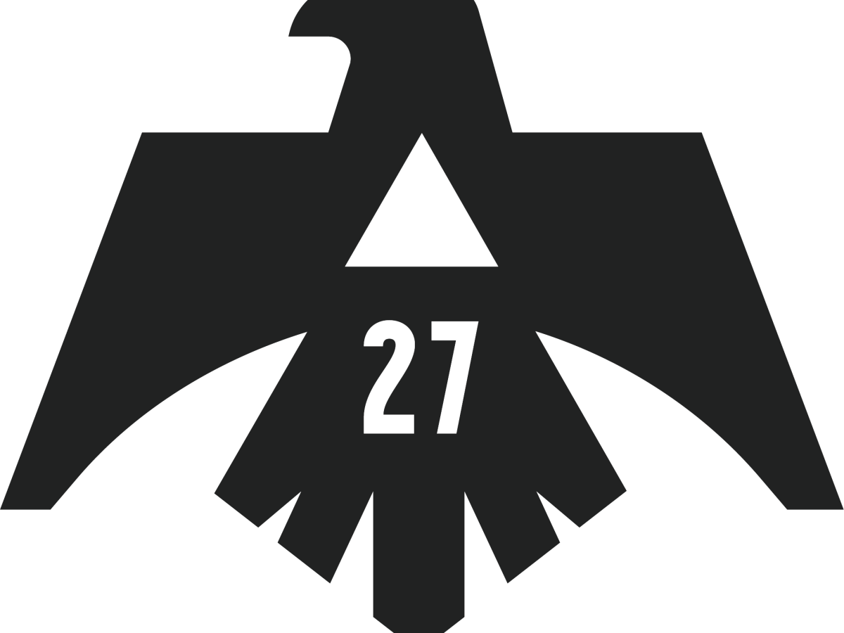 The image features a stylized black eagle with outstretched wings, a triangle on its chest, and the number 27 displayed in the center.