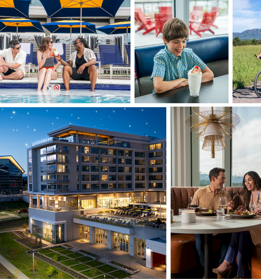 A collage of a resort: poolside lounge with people, a kid eating at a cafe, a cyclist, a stylish hotel exterior, and a couple dining indoors.