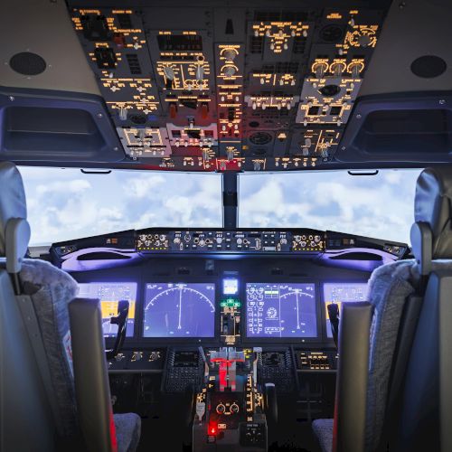 A modern aircraft cockpit with illuminated controls, displays, and two pilot seats, facing a sky with clouds through the windows.