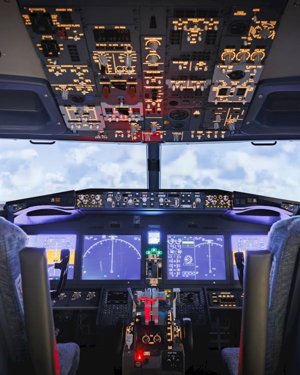 A modern aircraft cockpit with illuminated controls, displays, and two pilot seats, facing a sky with clouds through the windows.
