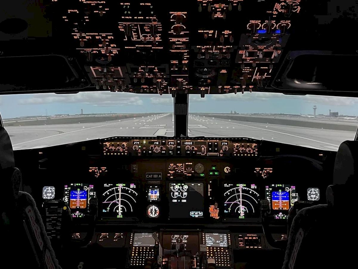 The image shows the cockpit of an airplane with various controls, displays, and instruments, viewed from the pilot’s perspective on a runway.