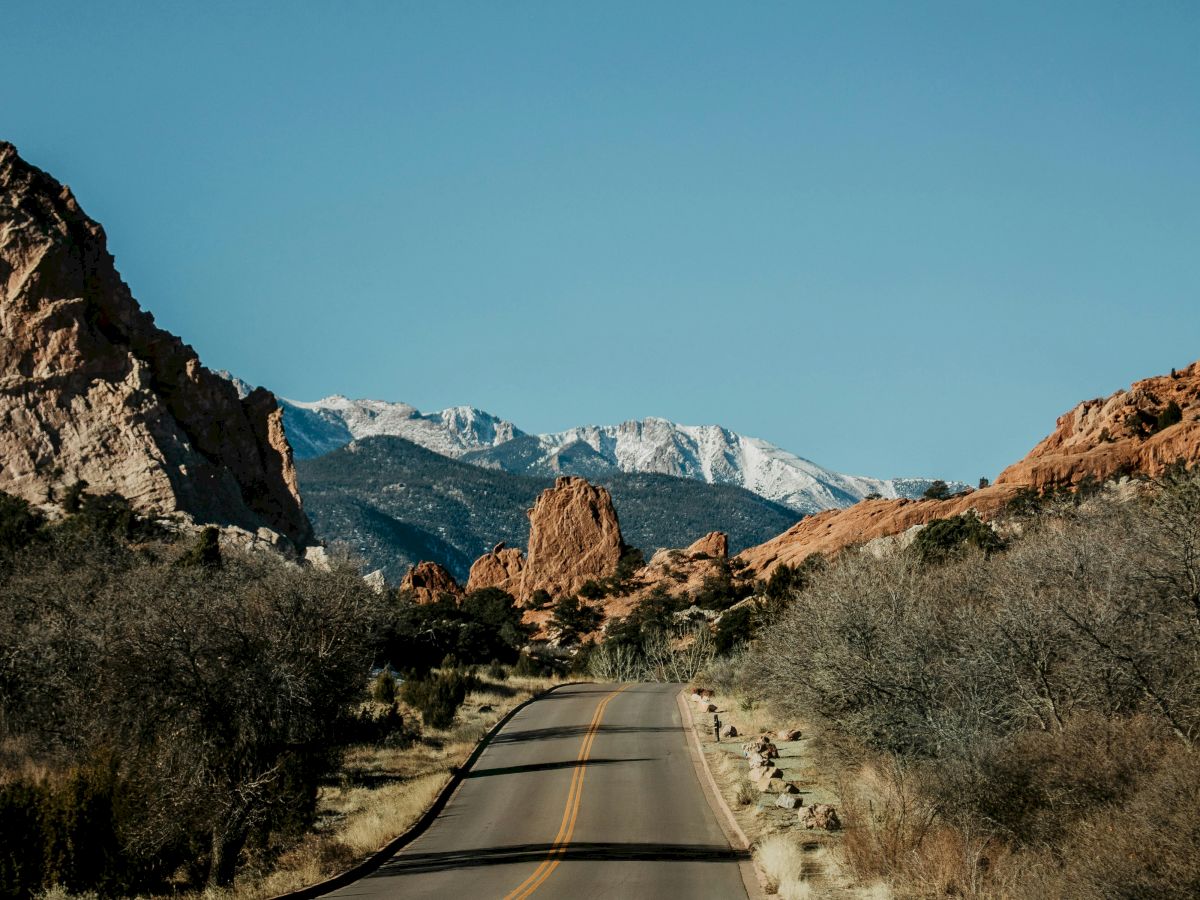 A road leads through a rocky landscape with shrubs, heading towards snow-capped mountains under a clear blue sky.