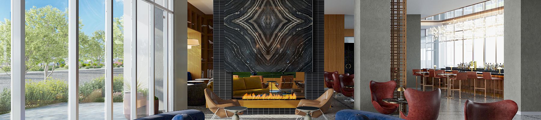 A modern lounge with curved sofas, armchairs, a central table, large windows, unique chandelier, and a decorative fireplace feature.