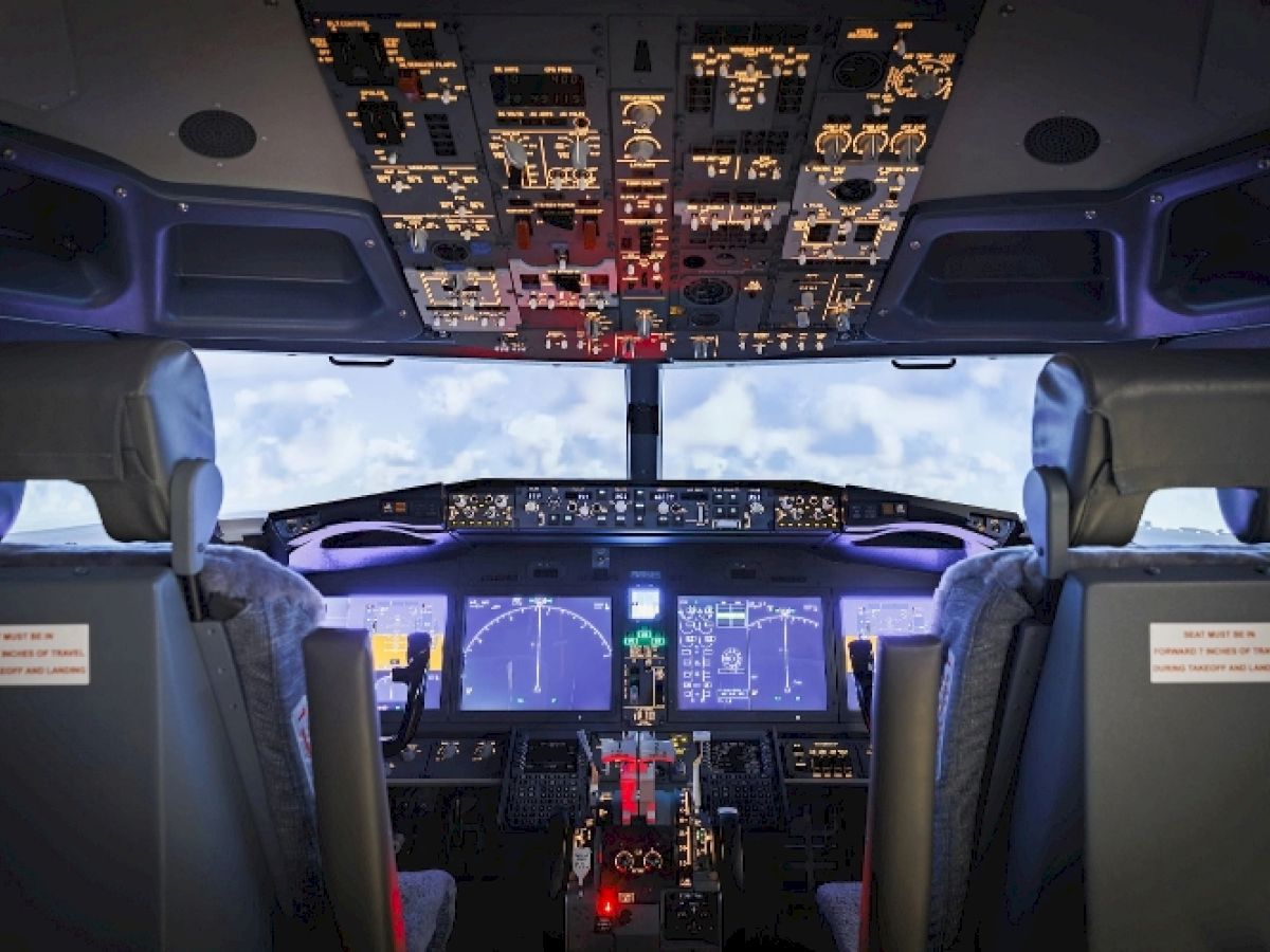 The image shows an aircraft cockpit with illuminated control panels and two pilot seats in front of a view of the sky.