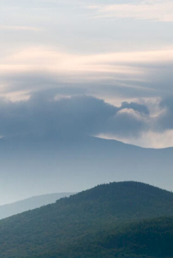 A serene landscape showing misty, rolling hills beneath a cloudy sky, creating a tranquil and atmospheric scene.