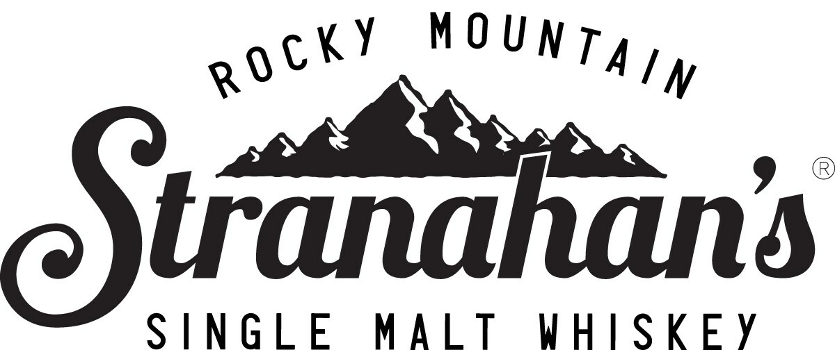 The image shows a logo for Stranahan's Rocky Mountain Single Malt Whiskey with a mountain graphic and bold text.
