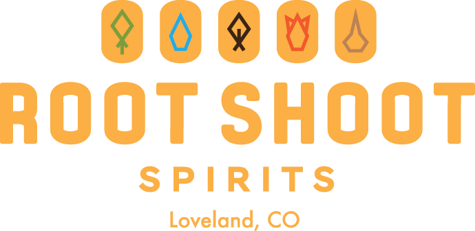 A logo for Root Shoot Spirits, Loveland, CO, featuring five colored crystal icons above the bold orange wordmark.