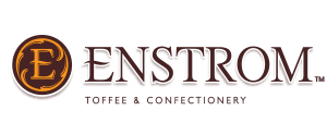 Enstrom Toffee & Confectionery logo with a brown circular emblem and elegant burgundy text, reading "ENSTROM" and &ldquo;Toffee & Confectionery.&rdquo;