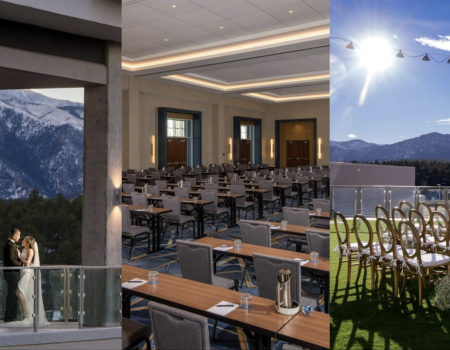 A couple on a balcony with mountains, a conference room with desks, and a rooftop with chairs against a mountain backdrop in sunlight.