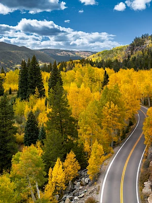 A winding road cuts through a vibrant autumn forest with yellow and green trees, surrounded by mountains under a blue sky with clouds.