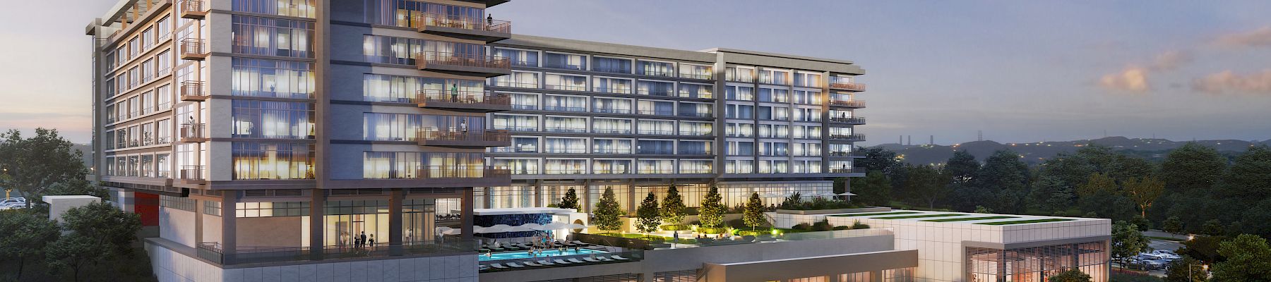 The image shows a modern multi-story building with glass balconies, surrounded by greenery, cars, and an outdoor pool area.
