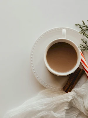 A cup of coffee on a saucer with a candy cane and cinnamon stick, next to a sprig of greenery and a white cloth.